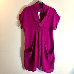 MEO MELI Sz L (estimated) Magenta Tunic Pockets 100% Linen Made in Italy NEW